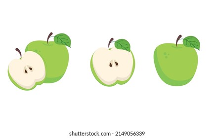 A set of different green apples, a cut and a half