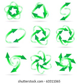 Set of different green arrow circles isolated on the white