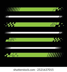 Set of different green checkered logos for sport car decals and different moto racing designs