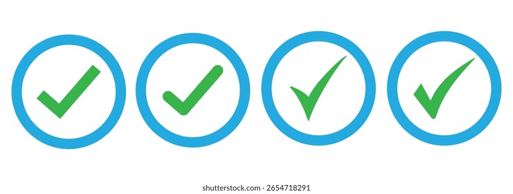Conjunto de diferentes iconos de marca de verificación verde sobre fondo aislado. 