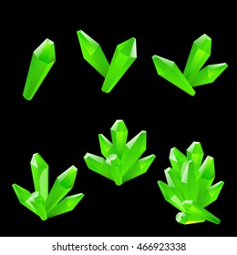 Set of different green crystals, gemstones, gems, diamonds. Vector gui assets collection for game design isolated on dark background.

