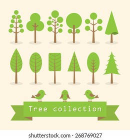 set of different green leafs trees and birds in flat design. vector.