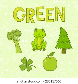 Set of different green objects: broccoli, frog, Christmas tree, apple and clover. Vector illustration.