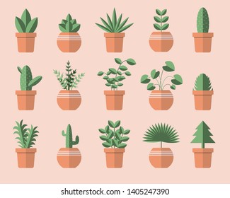 Set of different green plant pots vector. gardening and save the world concept 