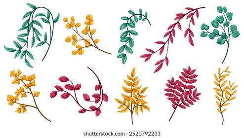 Set of different green, red and yellow twigs and branches with leaves