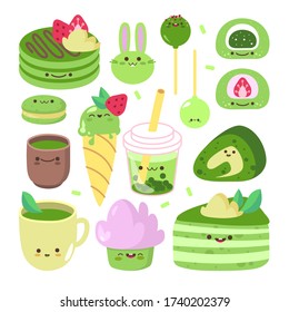 Set of different green tea products made from matcha. Matcha powder, macarons, ice cream, cake, teapot, drink, sweets, bubble tea with funny faces