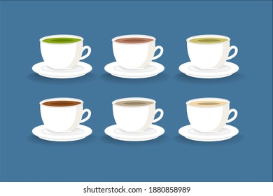 set of different green teas in cute cartoon white cups with saucers isolated on blue background vector illustration for web design and printing.