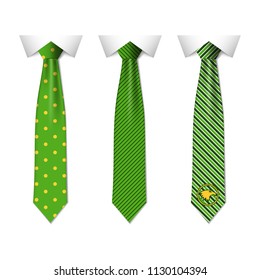 Set different green ties isolated on white background. Colored tie for men. Vector plain illustration eps10