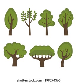 Set of Different Green Trees Cartoon Style. Vector illustration