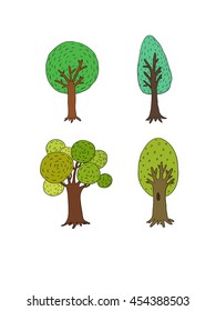 Set of different green trees. Collection of design elements. Hand drawing isolated objects on white background. Vector illustration.