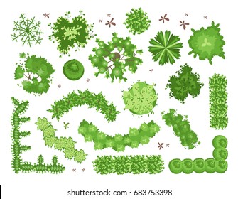 Set of different green trees, shrubs, hedges. Top view for landscape design projects. Vector illustration, isolated on white background.