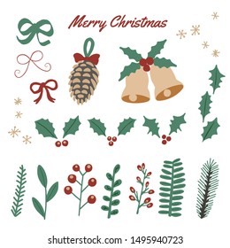 Set of different greenery objects isolated. Isolated vector illustration for Merry Christmas and Happy New Year.