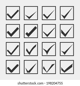 Set of different grey and white vector check marks or ticks in boxes conceptual of confirmation acceptance positive passed voting agreement true or completion of tasks on a list