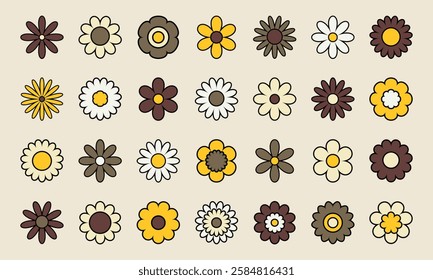 Set of different groovy flowers. Elements in vintage style.