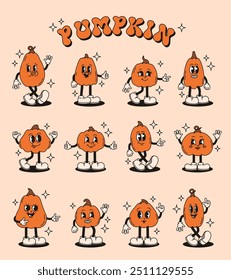 Set of different groovy pumpkin characters. Flat vector illustration.