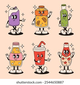 Set of different groovy soda drinks characters. Flat vector illustration.