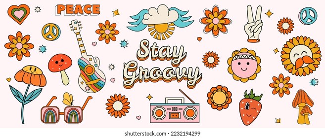 Set of different groovy style stickers. Style 60-70s. Vector stock illustration. Hippie. Mustache, guitar, flowers, sun, clouds, fingers, heart, mushrooms, tape recorder, world.