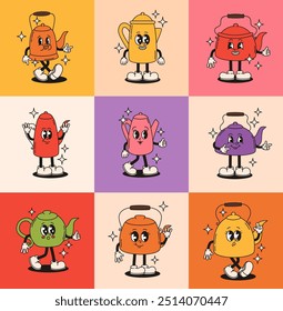Conjunto de diferentes personagens de chaleira groovy e chaleira de café. Ilustração de vetor plano.