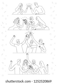 Set of different groups drinking at the bar. People having fun. Friends, couples, men and women. Doodle vector illustration for your design.