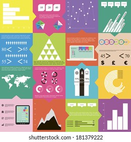 Set of different groups of infographic elements. Infographics includes 12 icons, 1 world map, 5 text sections, 6 different kinds of diagrams and 6 infographic elements for data in numbers