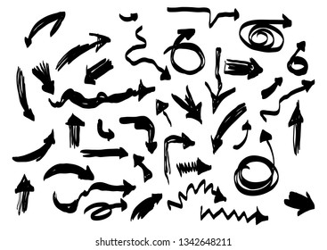 Set of different grunge arrows. Hand drawn sketch. Vector illustration.