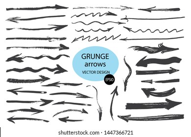 Set of different grunge brush arrows, pointers.Hand drawn paint object for use in your design.Vector illustration