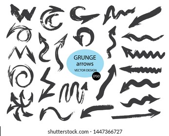 Set of different grunge brush arrows, pointers.Hand drawn paint object for use in your design.Vector illustration