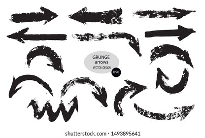 Set of different grunge brush arrows, pointers.Hand drawn paint object for use in your design.Vector illustration.