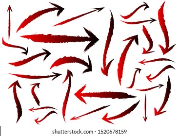 Set of different grunge brush arrows, pointers, isolated on white background. Red and black gradient arrow brush Stroke style, object for design use, vector logos icon speed concept