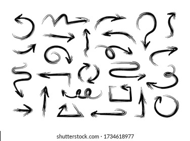 Set of different grunge brush arrows. Hand drawn ink pointers,  collection of paint objects for creative design. Vector illustration