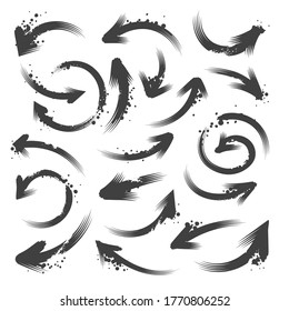 Set of different grunge brush arrows. Hand drawn paint object collection. Vector illustration.