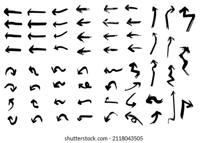 Set of different grunge brush arrows, pointers.Hand drawn paint object for design use.