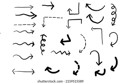 Set of different grunge brush arrows, pointers.Hand drawn paint object for design use.