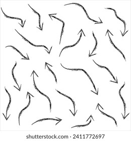 Set of different grunge brush arrows, pointers, isolated white background. Black arrow brush Stroke style, object for design use, vector logos icon speed concept