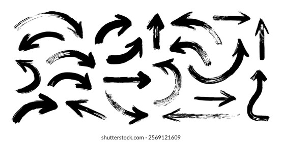 Set of different grunge brush arrows, pointers.Hand drawn paint object for use in your design.Vector illustration. Collection of grunge hand drawn doodle thick arrows in different directions.