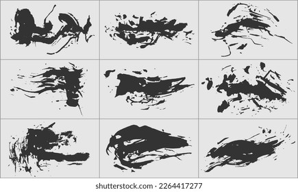 Set of different grunge brush strokes. Dirty artistic design elements isolated on white background. Black paint hand made, dry ink vector brush strokes
