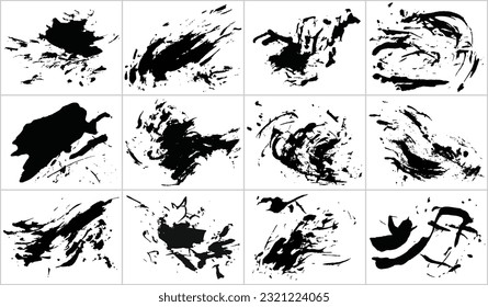 Set of different grunge brush strokes. Dirty artistic design smear elements isolated on white background. Black paint hand made, dry ink vector brush strokes