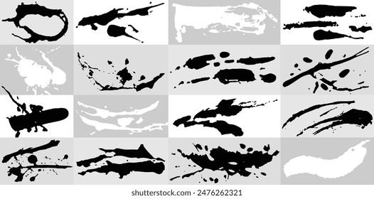 Establecer diferentes trazos de grunge. Salpicaduras de suciedad, fondo manchado, manchas con gotas. Pintura negra hecha a mano, pinceladas de pincel de Vector de tinta seca
