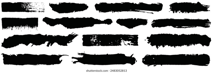 Set of different grunge brush strokes. Dirty artistic design elements isolated on white background. Black paint hand made, dry ink text box. Vector brush smear