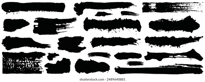 Establecer diferentes trazos de grunge. Elementos de diseño artísticos sucios aislados sobre fondo blanco. Pintura negra hecha a mano, pinceladas de pincel de Vector de tinta seca