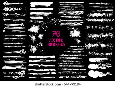 Set of different grunge brush strokes. Variety abstract paint stripes. Distressed banners. Isolated paint brush set. Dry borders. Watercolor halftone lines pack.