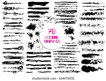 Set of different grunge brush strokes. Variety abstract paint stripes. Distressed banners. Isolated paint brush set. Dry borders. Watercolor halftone lines pack.