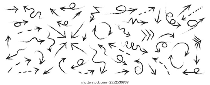 Set of different grunge textured doodle hand drawn charcoal black arrows isolated on white background