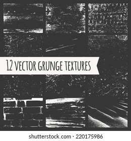 Set of different grunge textures, isolated on dark background. Vector. Abstract traced backgrounds for design.