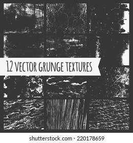 Set of different grunge textures, isolated on dark background. Vector. Abstract traced backgrounds for design.