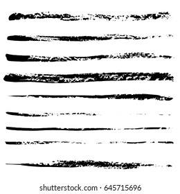 Set of different grunge vector brush strokes. Variety abstract paint stripes. Distressed banners. Isolated paint brush pack. Dry borders. Halftone paints. Large collection of hand drawn textures.