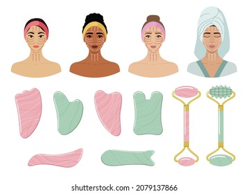 El establecimiento está formado por diferentes fuentes, piedras de sha y rodillos de cuarzo de rosa y aventurina verde.  Líneas faciales de masaje en la cara femenina. rutina de cuidado de la piel de belleza en el hogar. Ilustración vectorial dibujada a mano. 