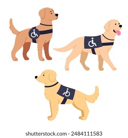 Conjunto de diferentes perros guía en estilo plano. Amigo y ayudante para ciegos. Concepto de asistencia sanitaria. Perro con un signo de discapacidad.