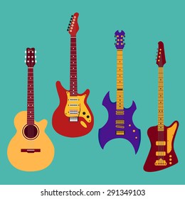 Set of different guitars. Acoustic classical guitar, electric, heavy metal guitar, bass guitar. String musical instrument collection. Vector illustration in flat style. For your design and business.