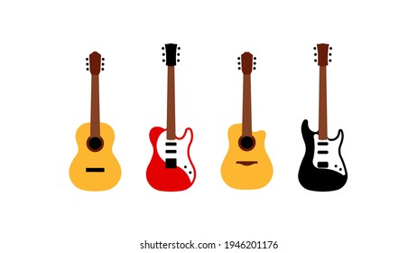 Set of different guitars - acoustic, electric, bass. Simplified representation of stringed musical instruments. Group of icons in modern flat style. 